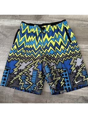 Vtg NIKE Neon Skyline Swim Trunks Youth Boys Sz XL Shorts 90s Loud Geometric